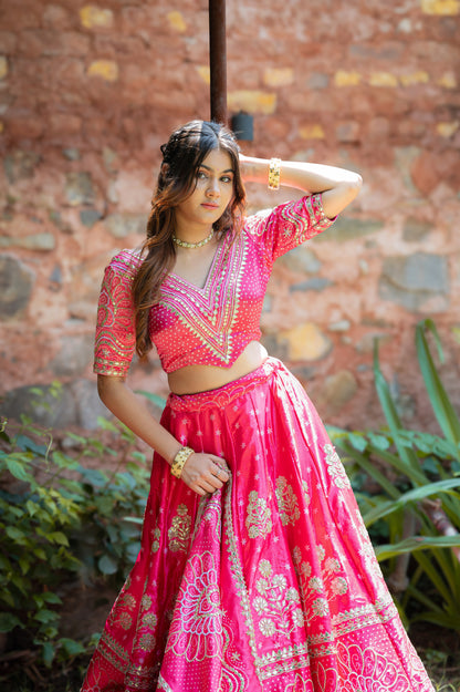 Pink Red Gajji Silk Digital Bandhej Lehenga with Marodi and Gota Patti Work