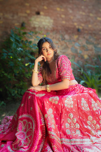 Pink Red Gajji Silk Digital Bandhej Lehenga with Marodi and Gota Patti Work