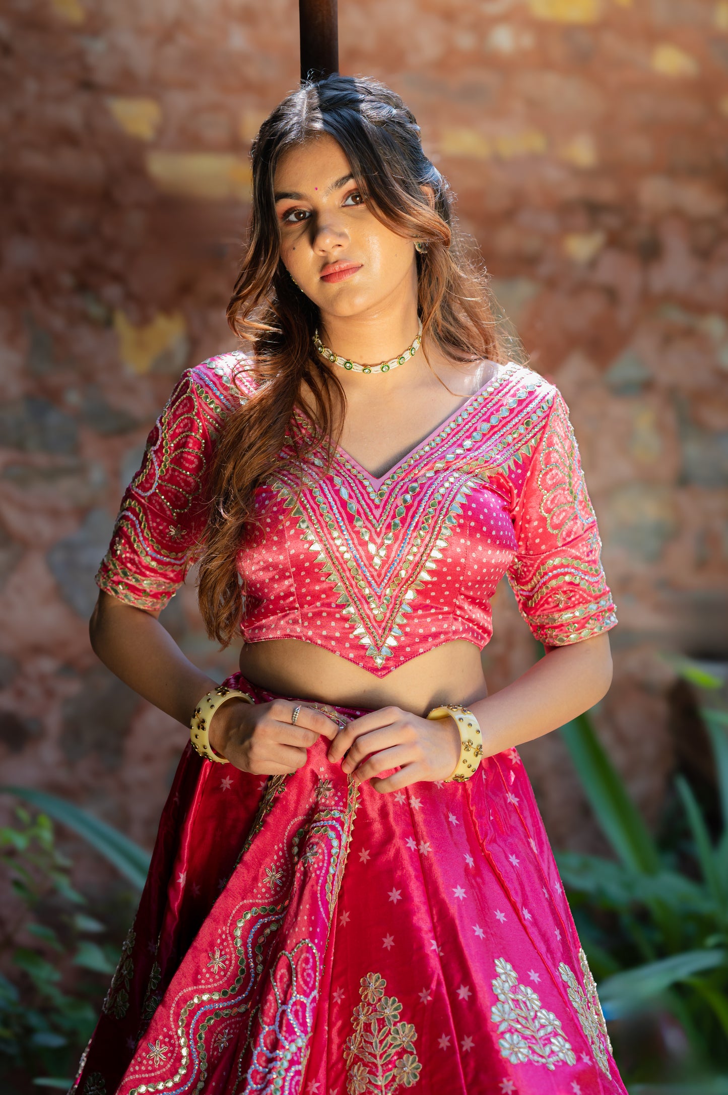 Pink Red Gajji Silk Digital Bandhej Lehenga with Marodi and Gota Patti Work