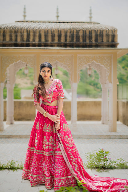Pink Red Gajji Silk Digital Bandhej Lehenga with Marodi and Gota Patti Work