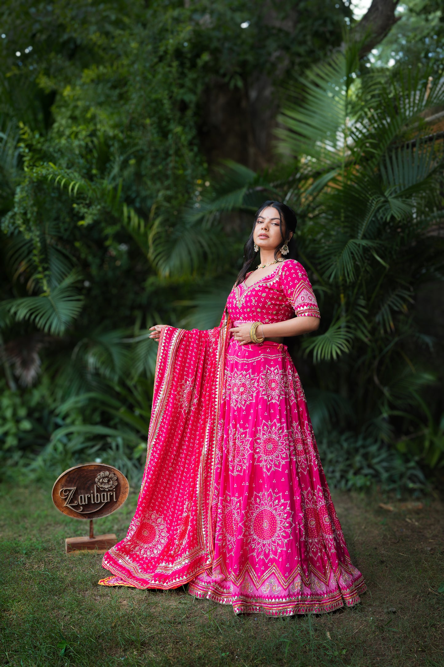 Dark Hot Pink Crepe Digital Bandhej Lehenga with Zardozi and Sequins Work