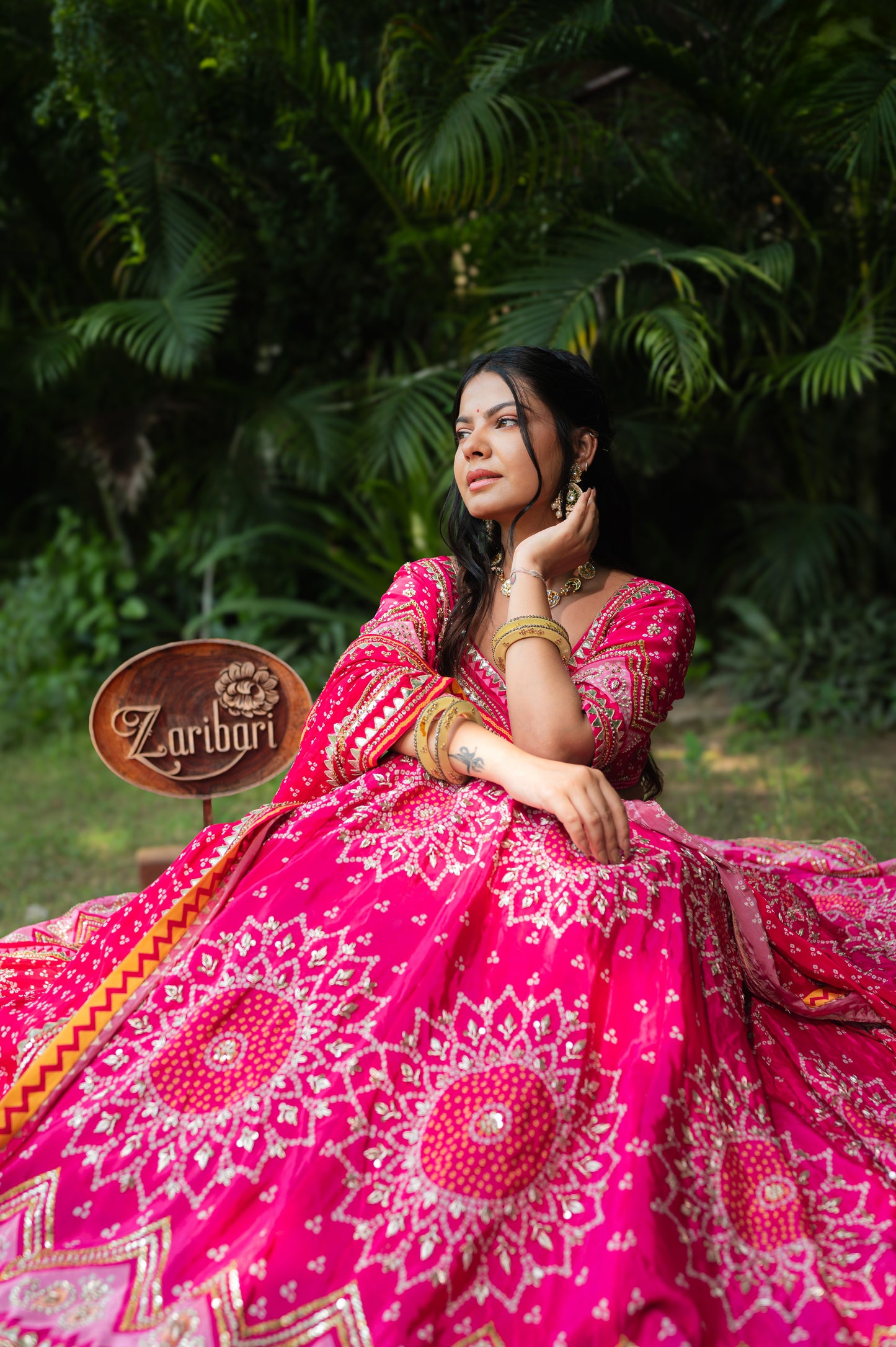 Dark Hot Pink Crepe Digital Bandhej Lehenga with Zardozi and Sequins Work