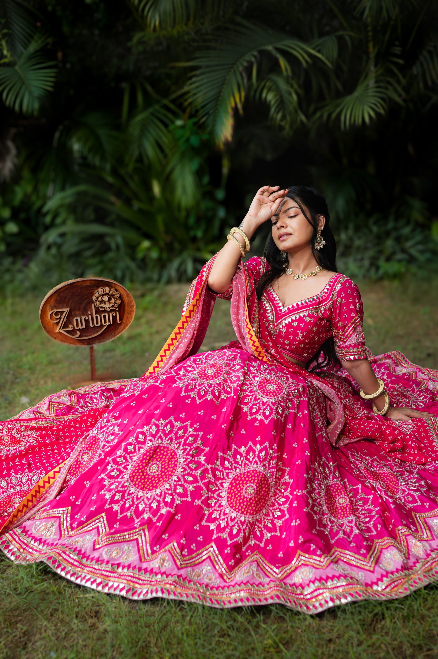 Dark Hot Pink Crepe Digital Bandhej Lehenga with Zardozi and Sequins Work
