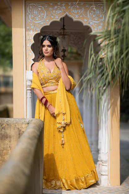 Satin Sheen Gold Chinon Lehenga with Aari Sequins Work