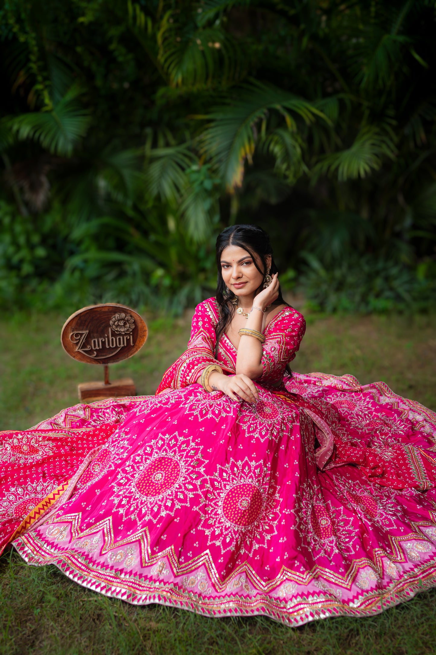 Dark Hot Pink Crepe Digital Bandhej Lehenga with Zardozi and Sequins Work