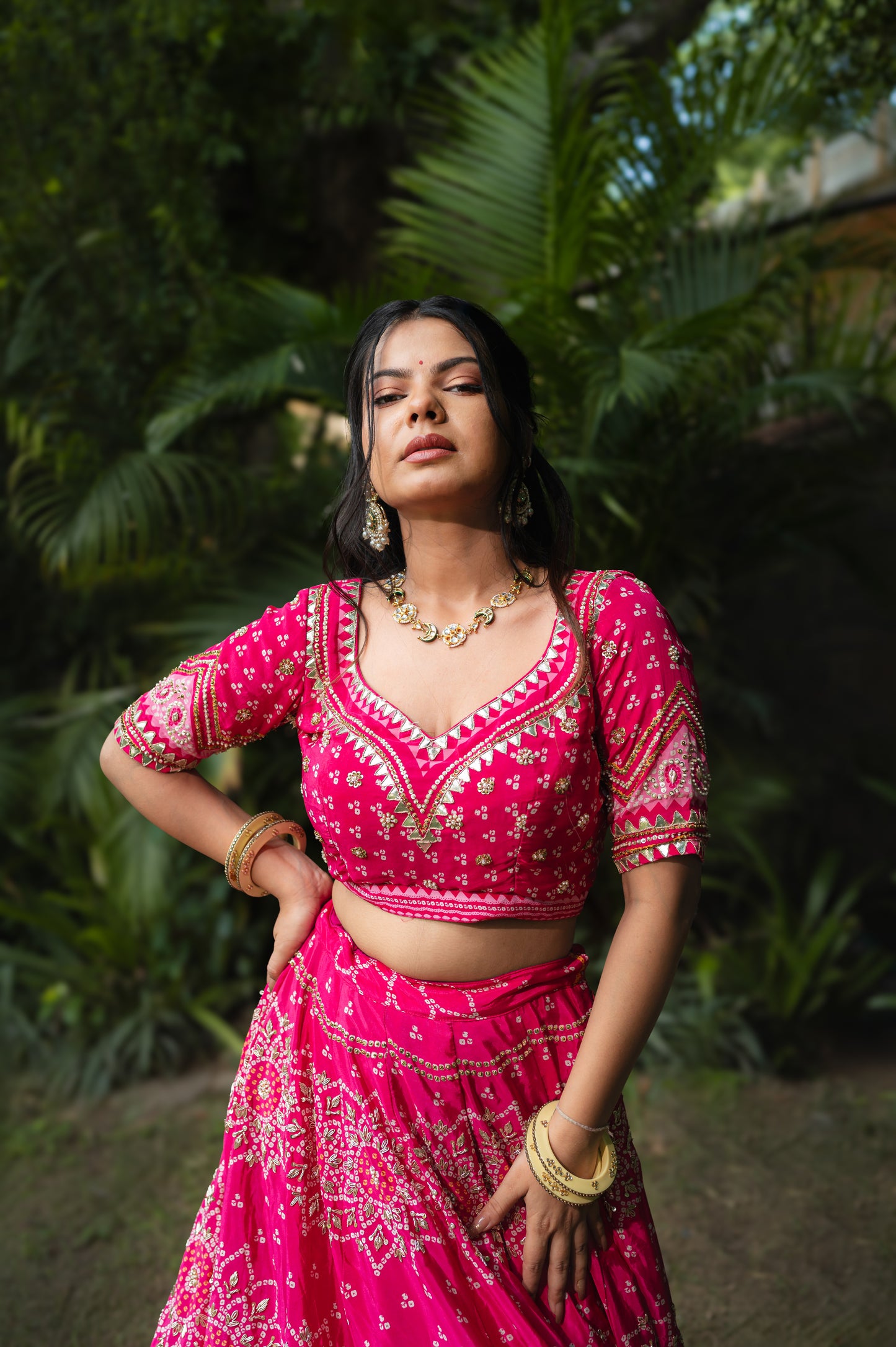 Dark Hot Pink Crepe Digital Bandhej Lehenga with Zardozi and Sequins Work