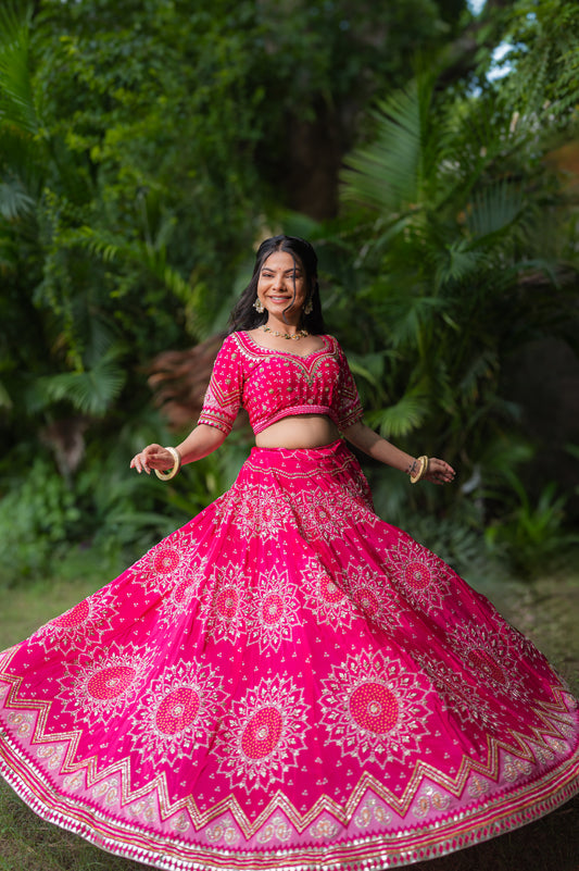 Pink Crepe Bandhej Flower Designer Lehenga