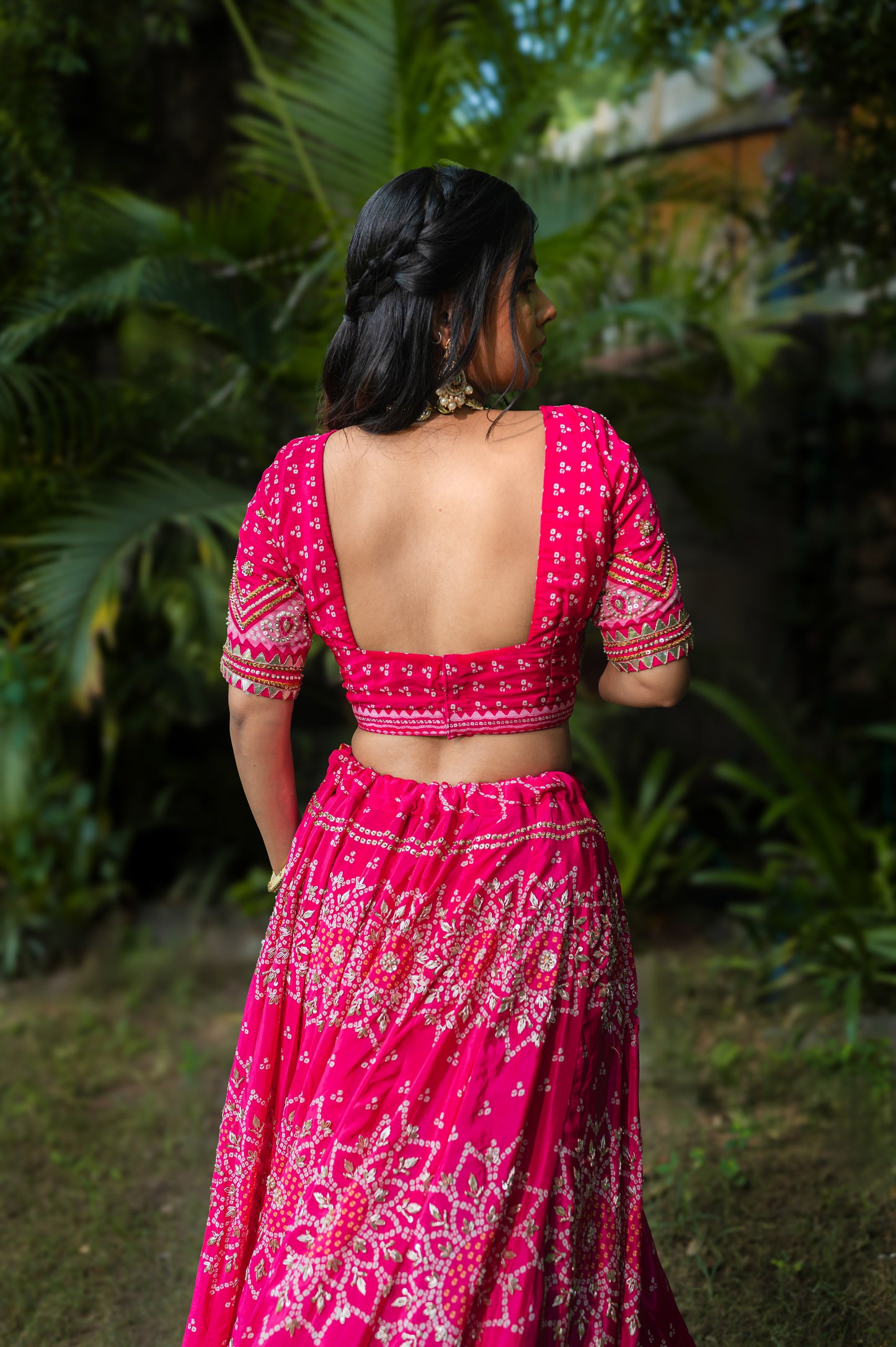 Dark Hot Pink Crepe Digital Bandhej Lehenga with Zardozi and Sequins Work