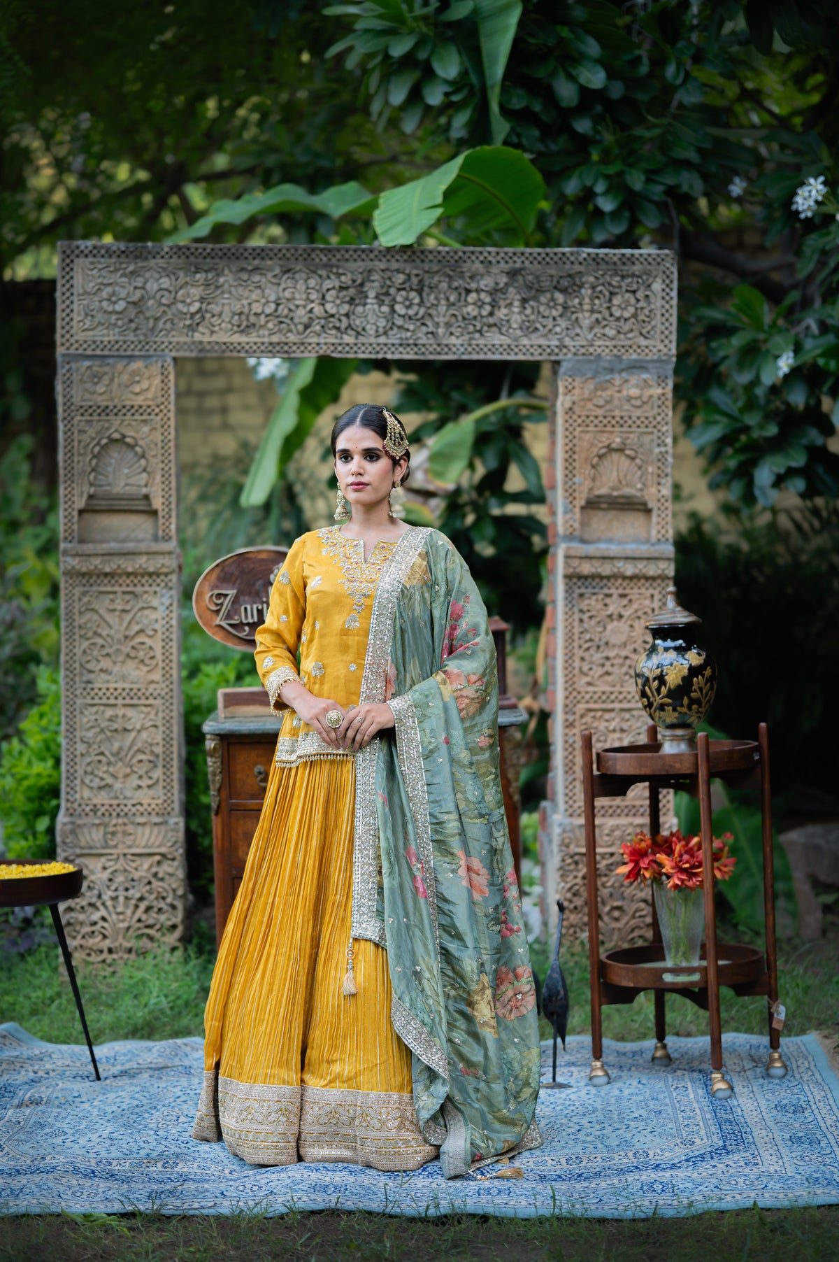 A stunning mustard tissue lehenga featuring kardana and sequins work lehenga beautifully adorned with fine craftsmanship and exquisite detailing, perfect for festive and special occasions.