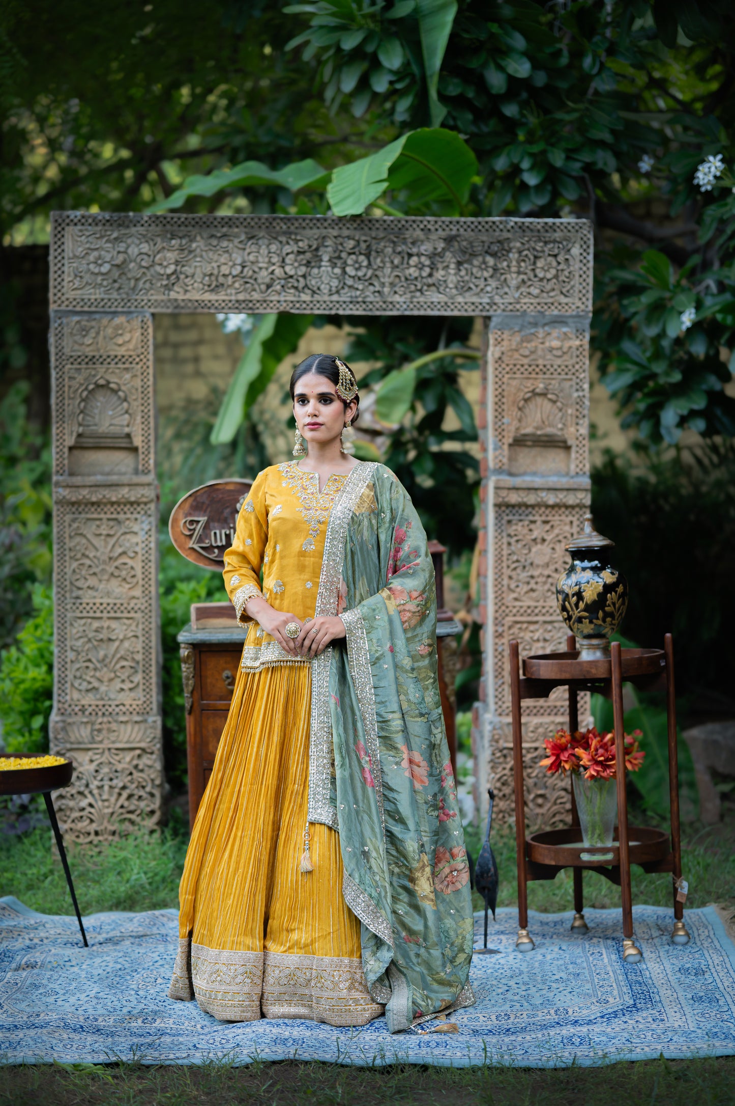A stunning mustard tissue lehenga featuring kardana and sequins work lehenga beautifully adorned with fine craftsmanship and exquisite detailing, perfect for festive and special occasions.