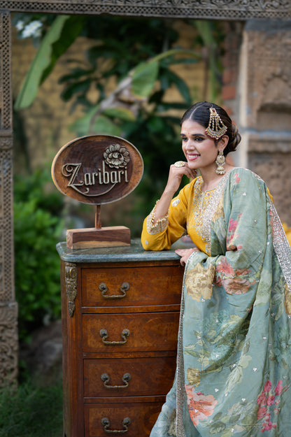 Mustard Tissue Lehenga with Kardana and Sequins Work