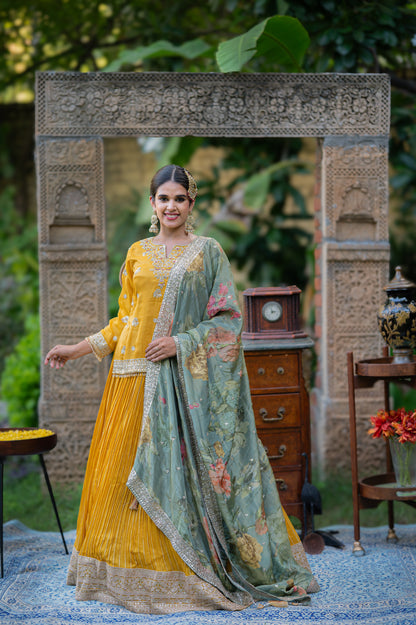 Mustard Tissue Lehenga with Kardana and Sequins Work