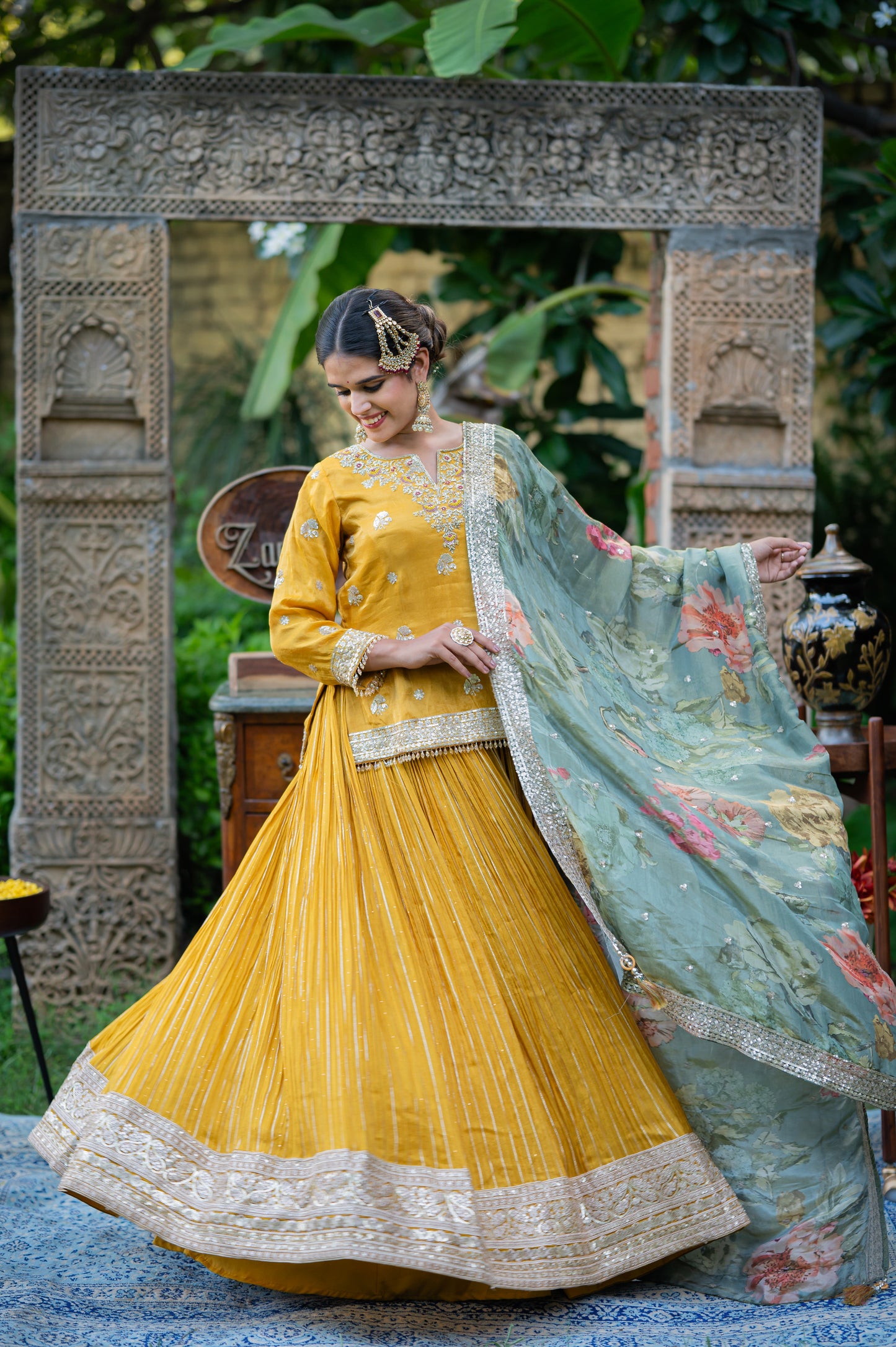 Mustard Tissue Lehenga with Kardana and Sequins Work