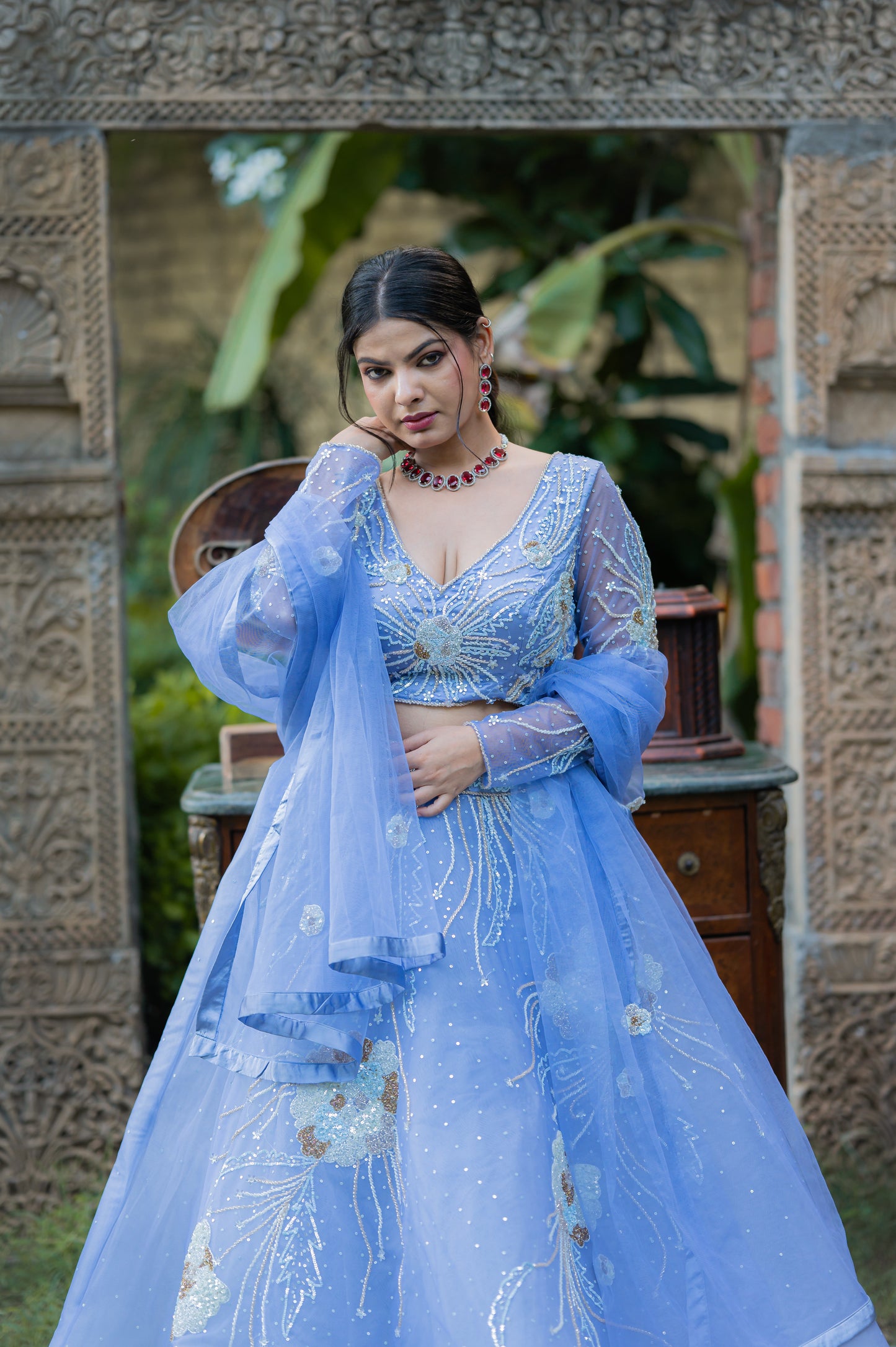Dark Pastel Blue Net Lehenga with Kardana Sequins Work