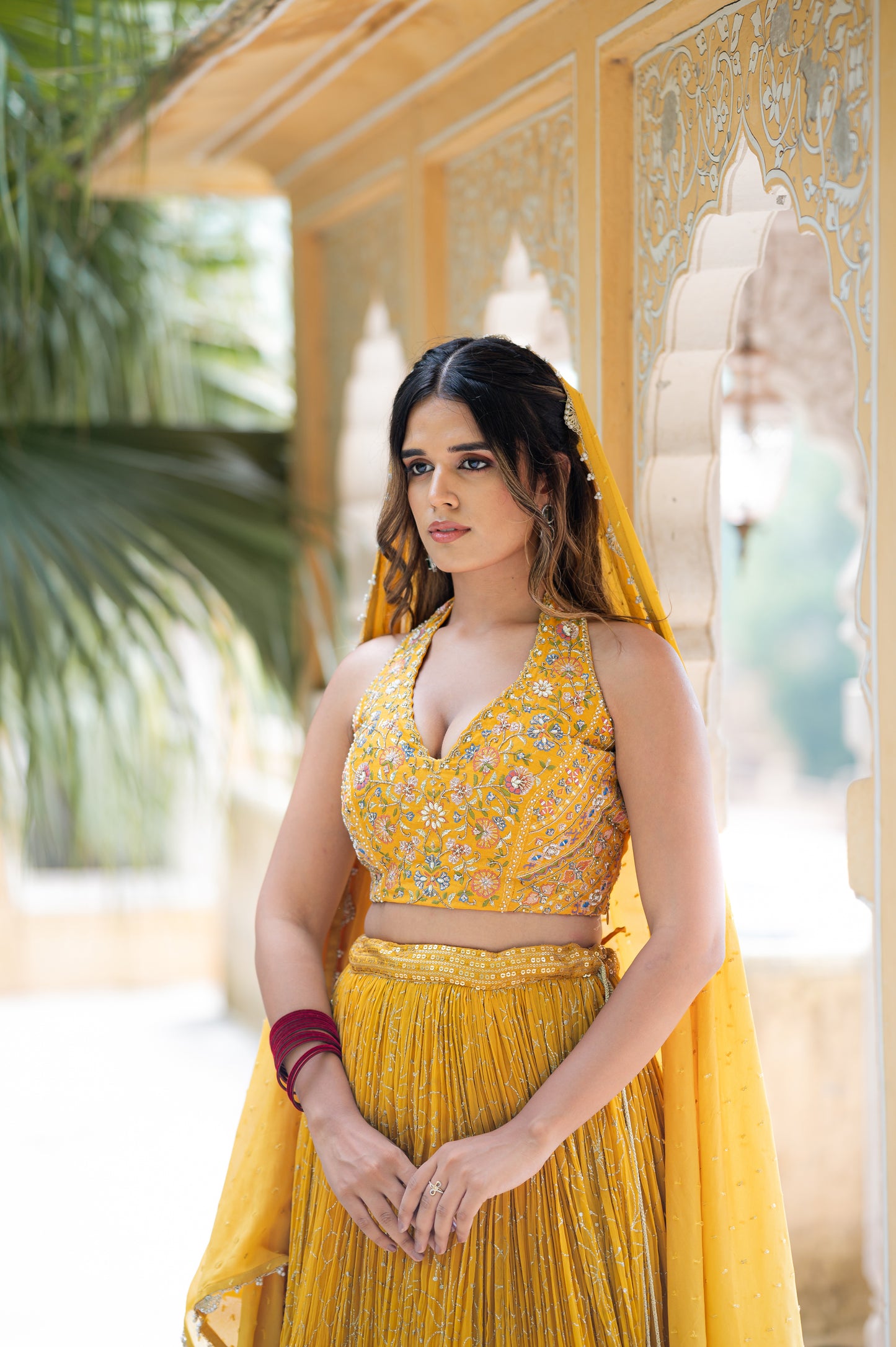 Satin Sheen Gold Chinon Lehenga with Aari Sequins Work