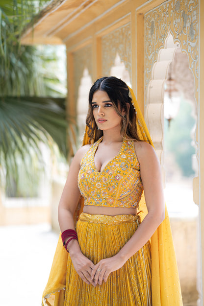 Satin Sheen Gold Chinon Lehenga with Aari Sequins Work