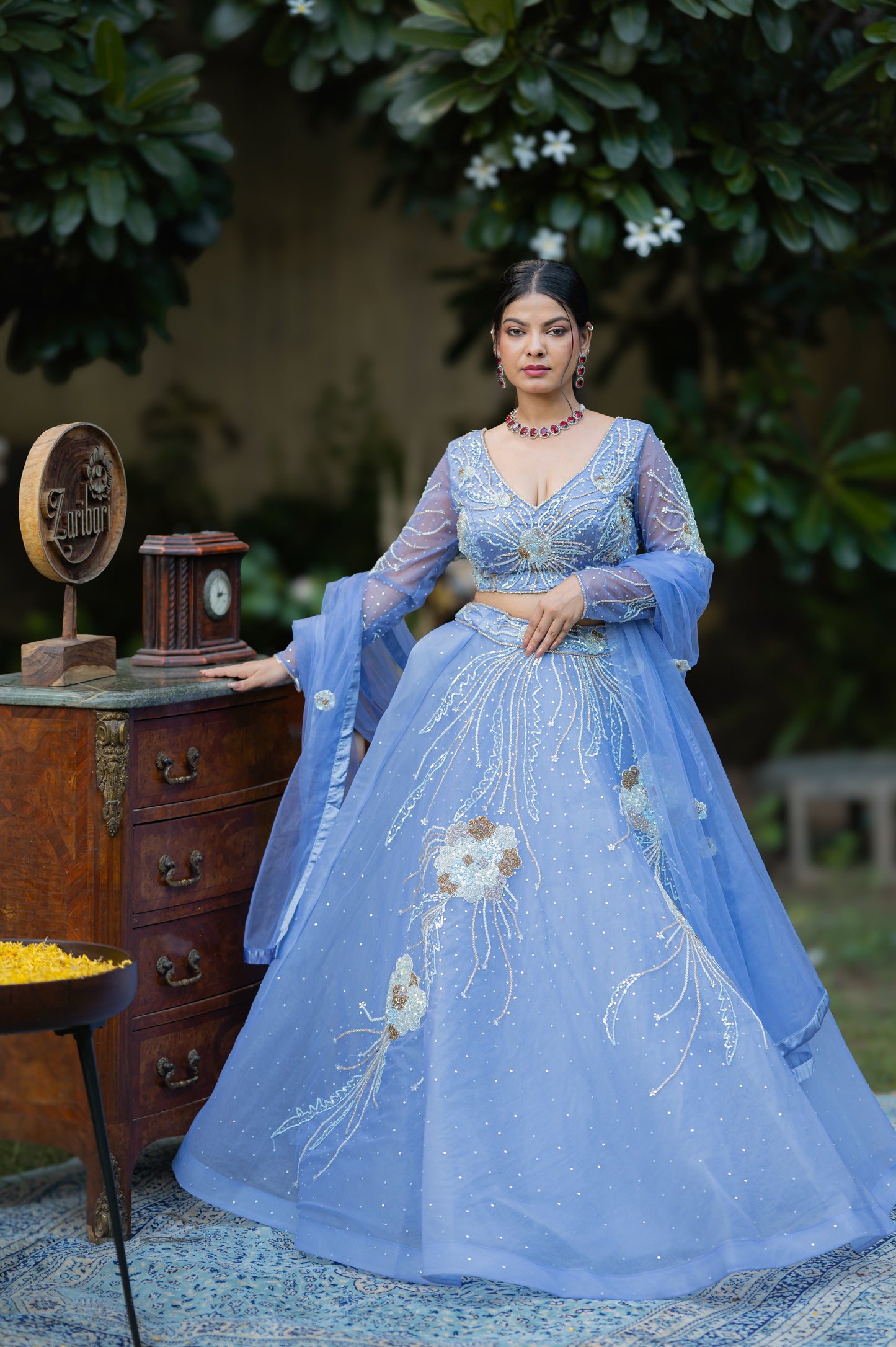 Dark Pastel Blue Net Lehenga with Kardana Sequins Work