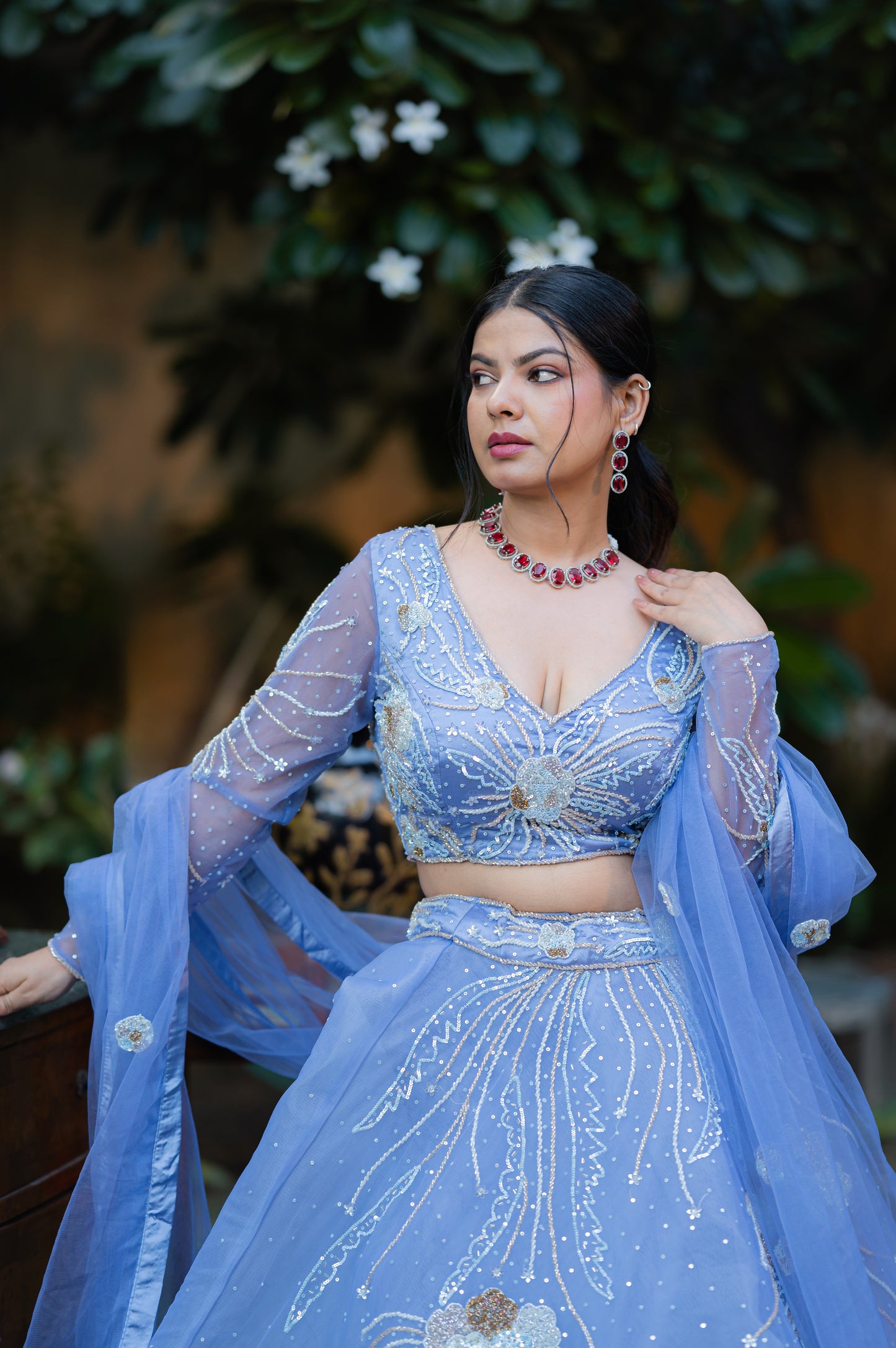 Dark Pastel Blue Net Lehenga with Kardana Sequins Work