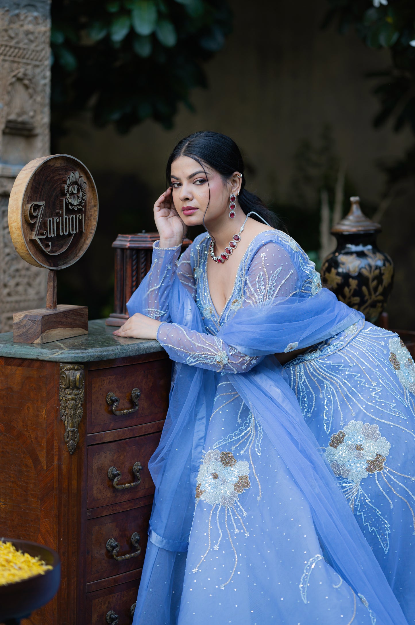 Dark Pastel Blue Net Lehenga with Kardana Sequins Work