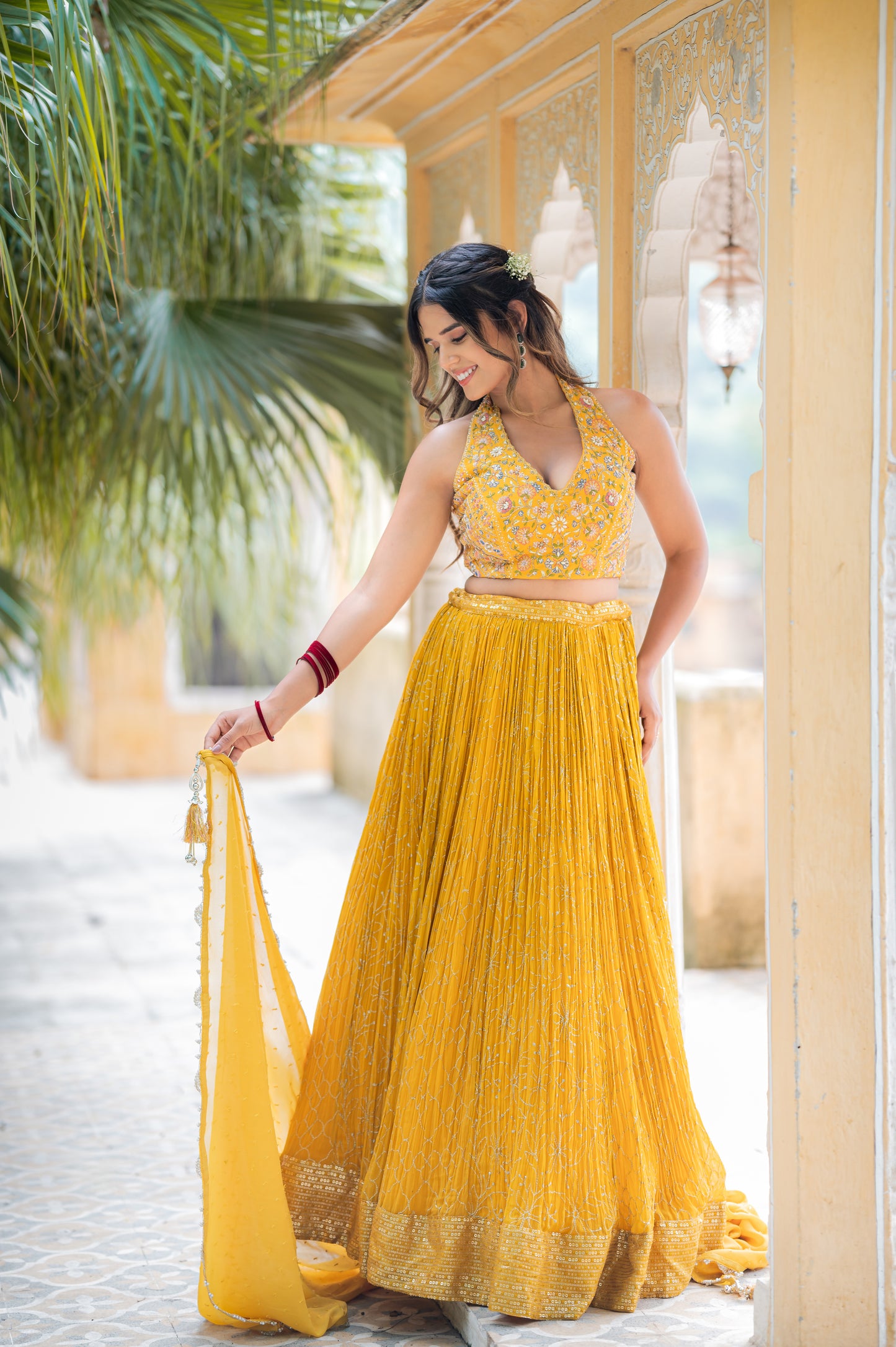 Satin Sheen Gold Chinon Lehenga with Aari Sequins Work