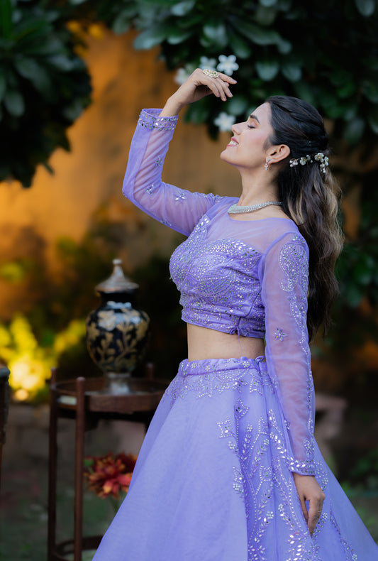 Blue Haze Net Lehenga with Thread and Mirror Work