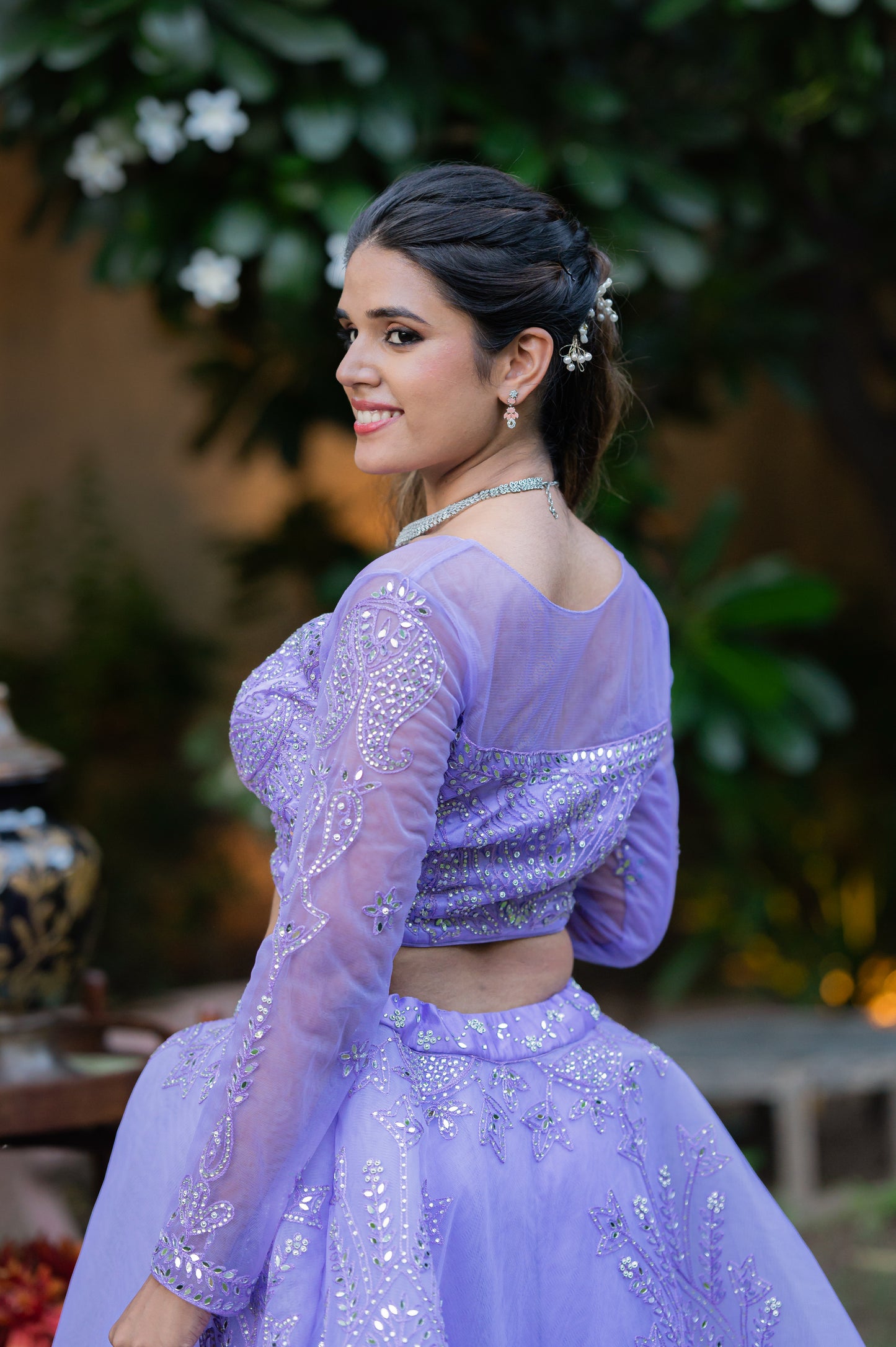 Blue Haze Net Lehenga with Thread and Mirror Work