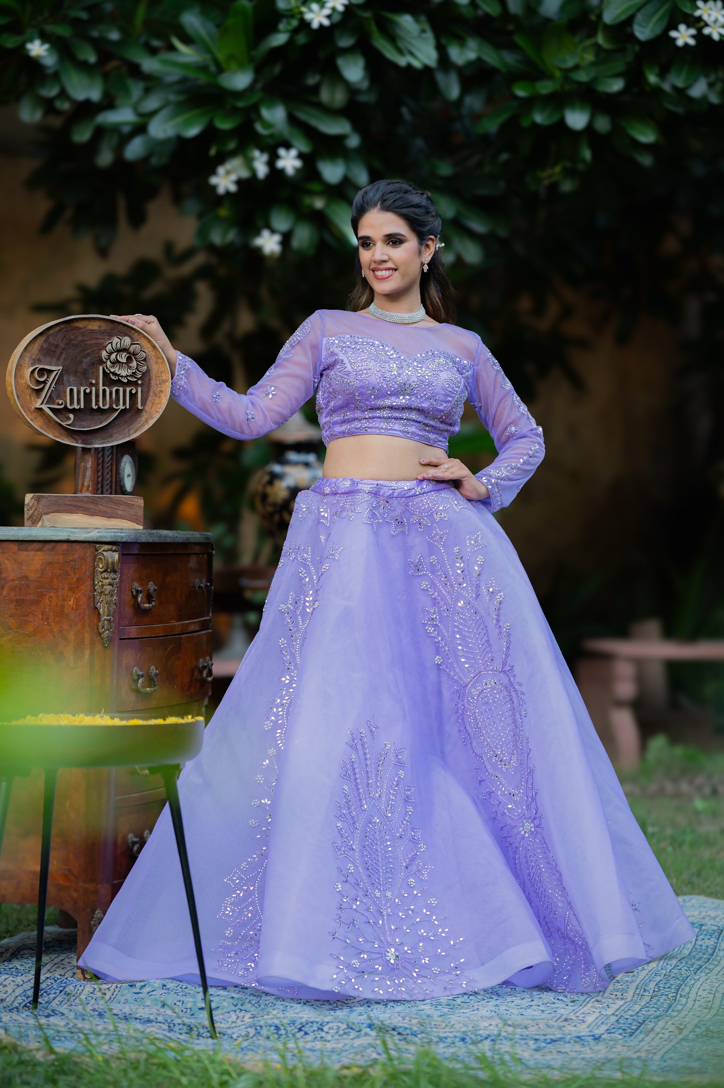 Blue Haze Net Lehenga with Thread and Mirror Work