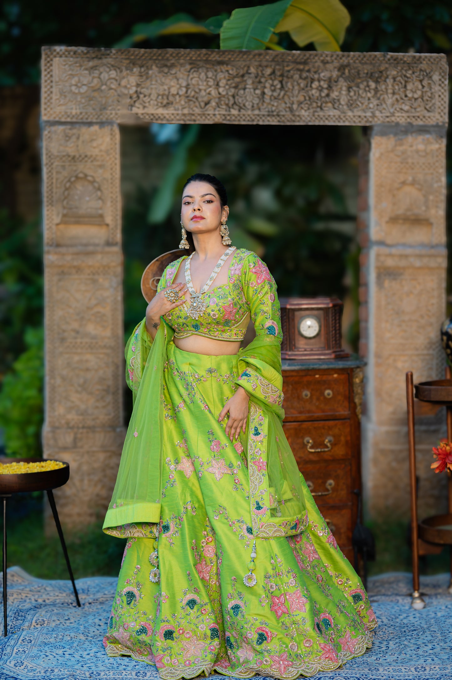 Avocado Green Raw Silk Lehenga with Aari Sequins Moti Work