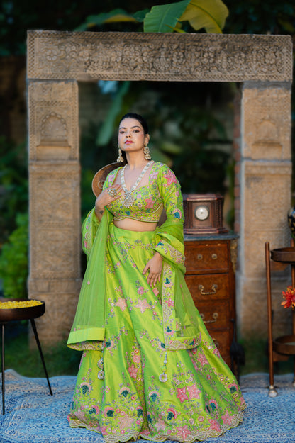 Avocado Green Raw Silk Lehenga with Aari Sequins Moti Work