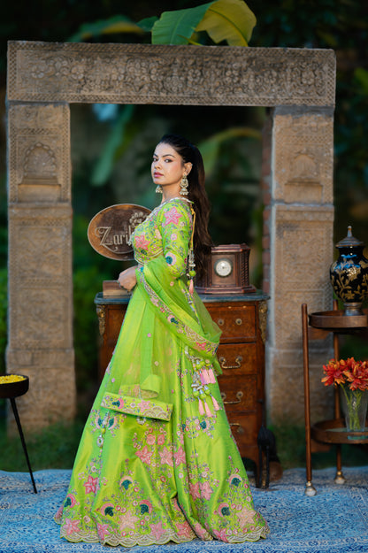 Avocado Green Raw Silk Lehenga with Aari Sequins Moti Work