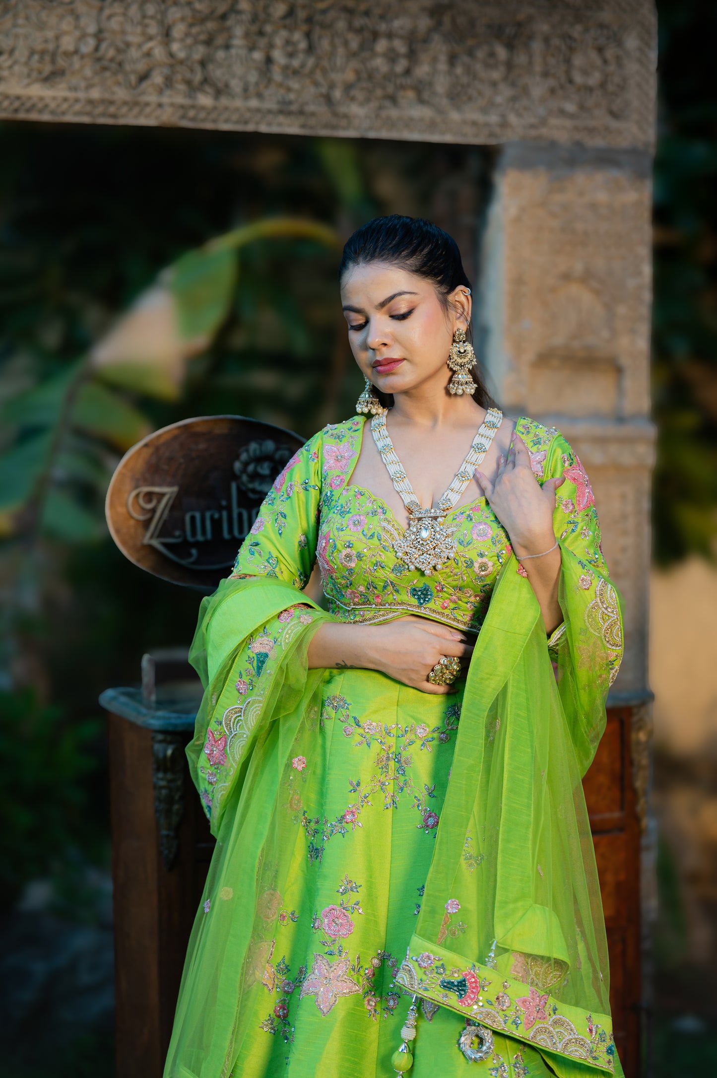 Ethereal Parrot Green Raw Silk Designer Lehenga Set