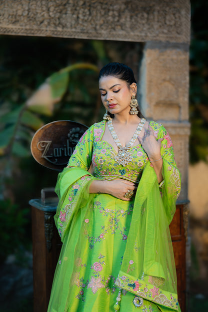 Avocado Green Raw Silk Lehenga with Aari Sequins Moti Work