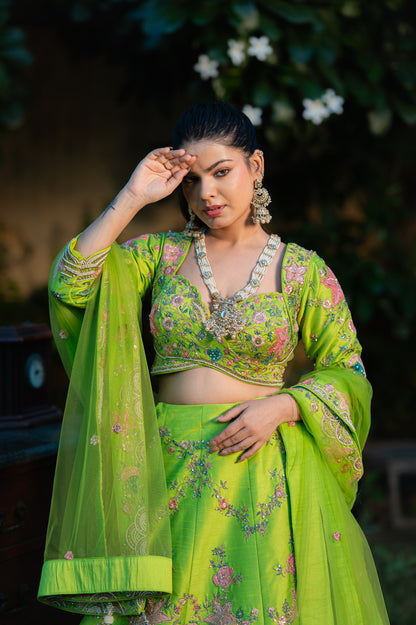 Avocado Green Raw Silk Lehenga with Aari Sequins Moti Work