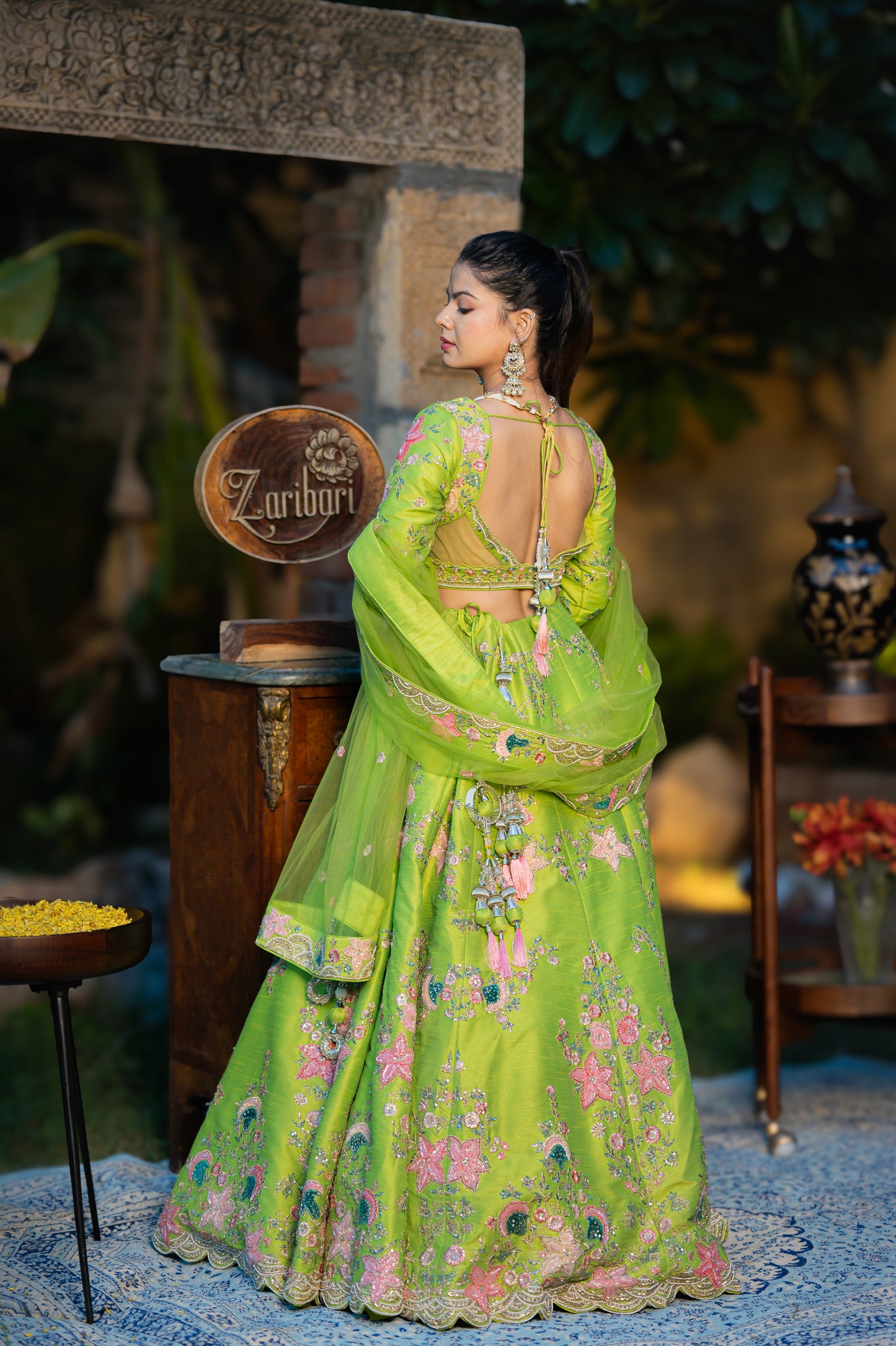 Ethereal Parrot Green Raw Silk Designer Lehenga Set