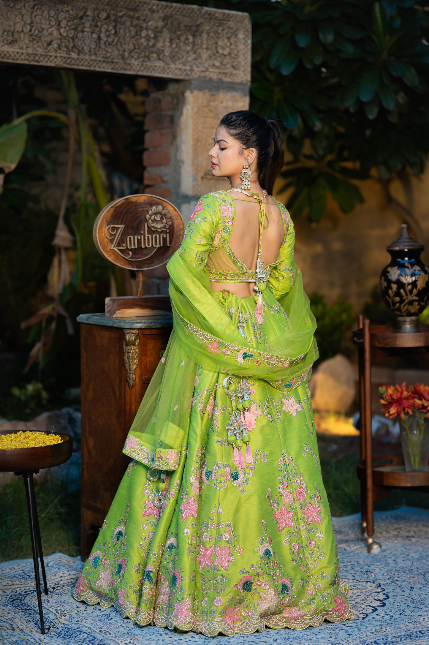 Avocado Green Raw Silk Lehenga with Aari Sequins Moti Work