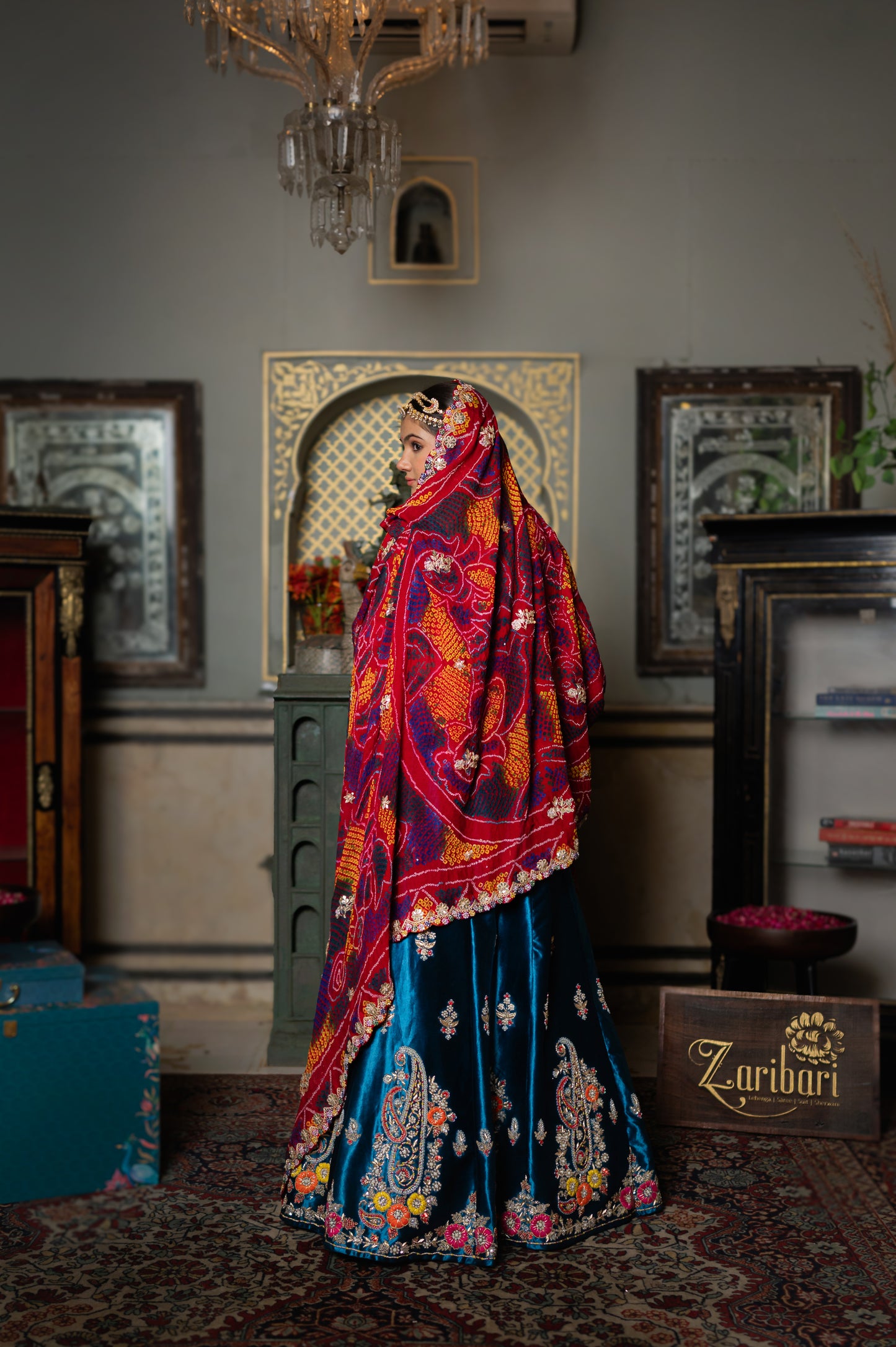 Red Pure Ojariya Bandhej Chunari with Marodi Zardozi Sequins Gota Patti Work