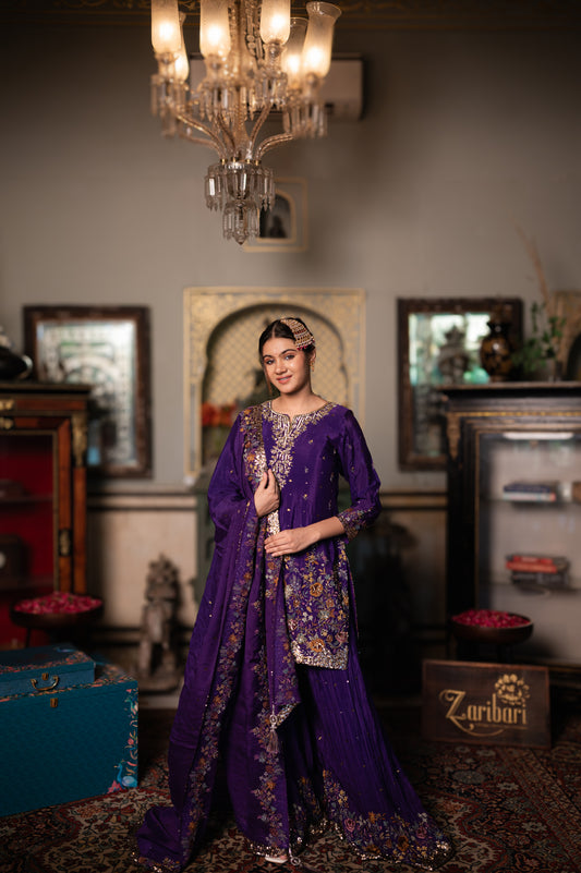 Violet Crepe Sharara Set with Zardozi Sequins Kardana and Thread Work