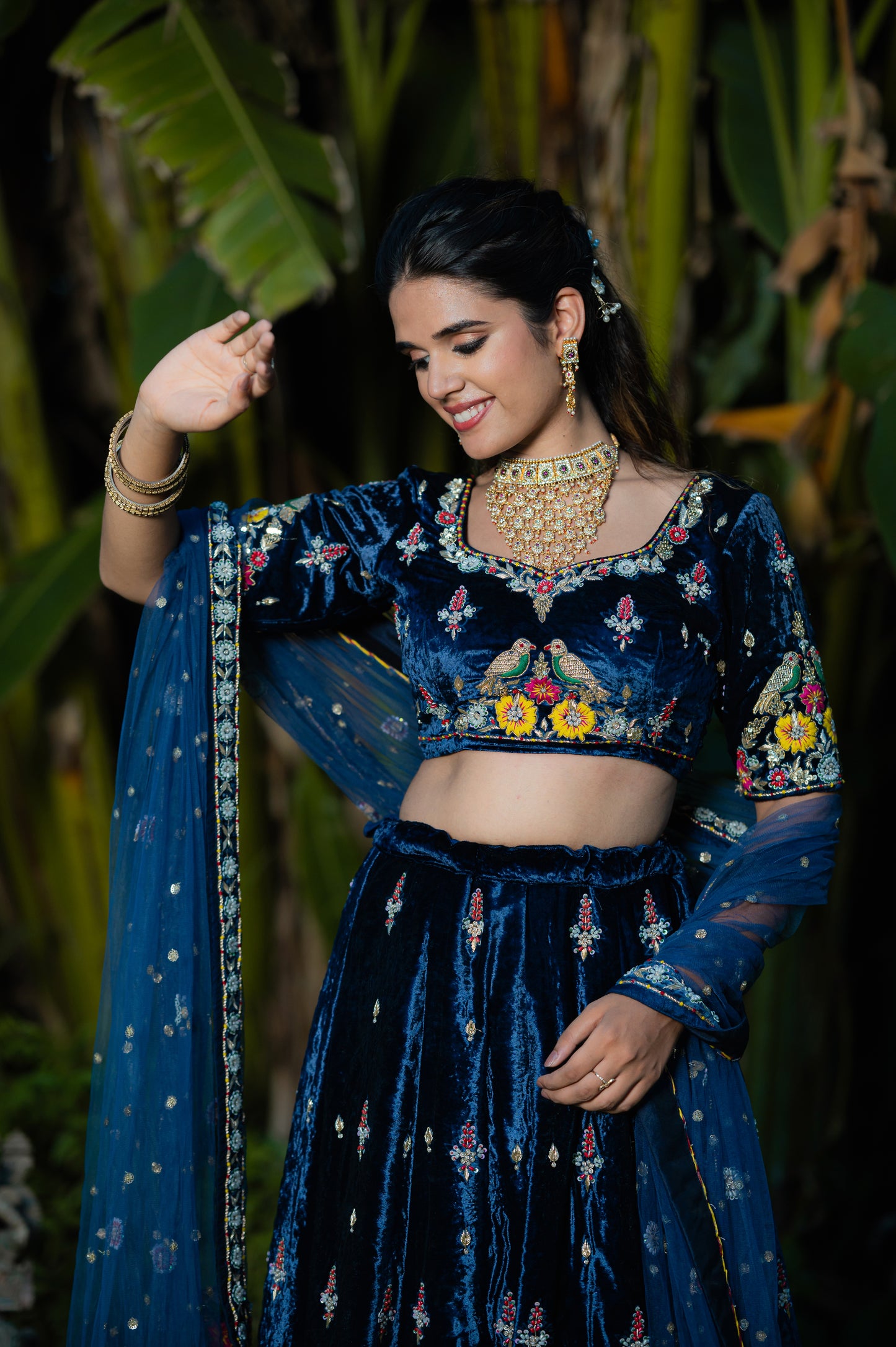 Navy Blue Designer Double Chidiya Anchor Flower Silk Velvet Lehenga