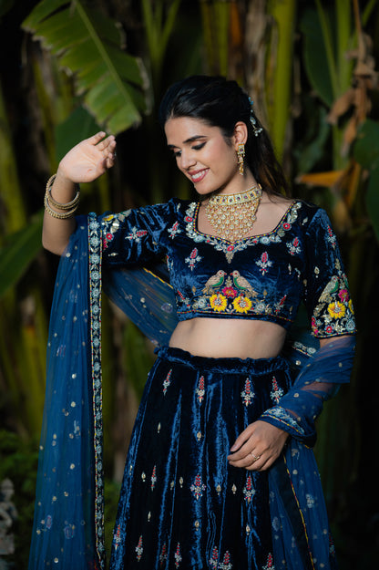 Navy Blue Velvet Lehenga with Zardozi Thread Flower and Moti Work