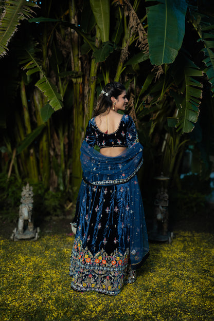 Navy Blue Velvet Lehenga with Zardozi Thread Flower and Moti Work