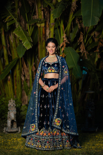 Navy Blue Velvet Lehenga with Zardozi Thread Flower and Moti Work