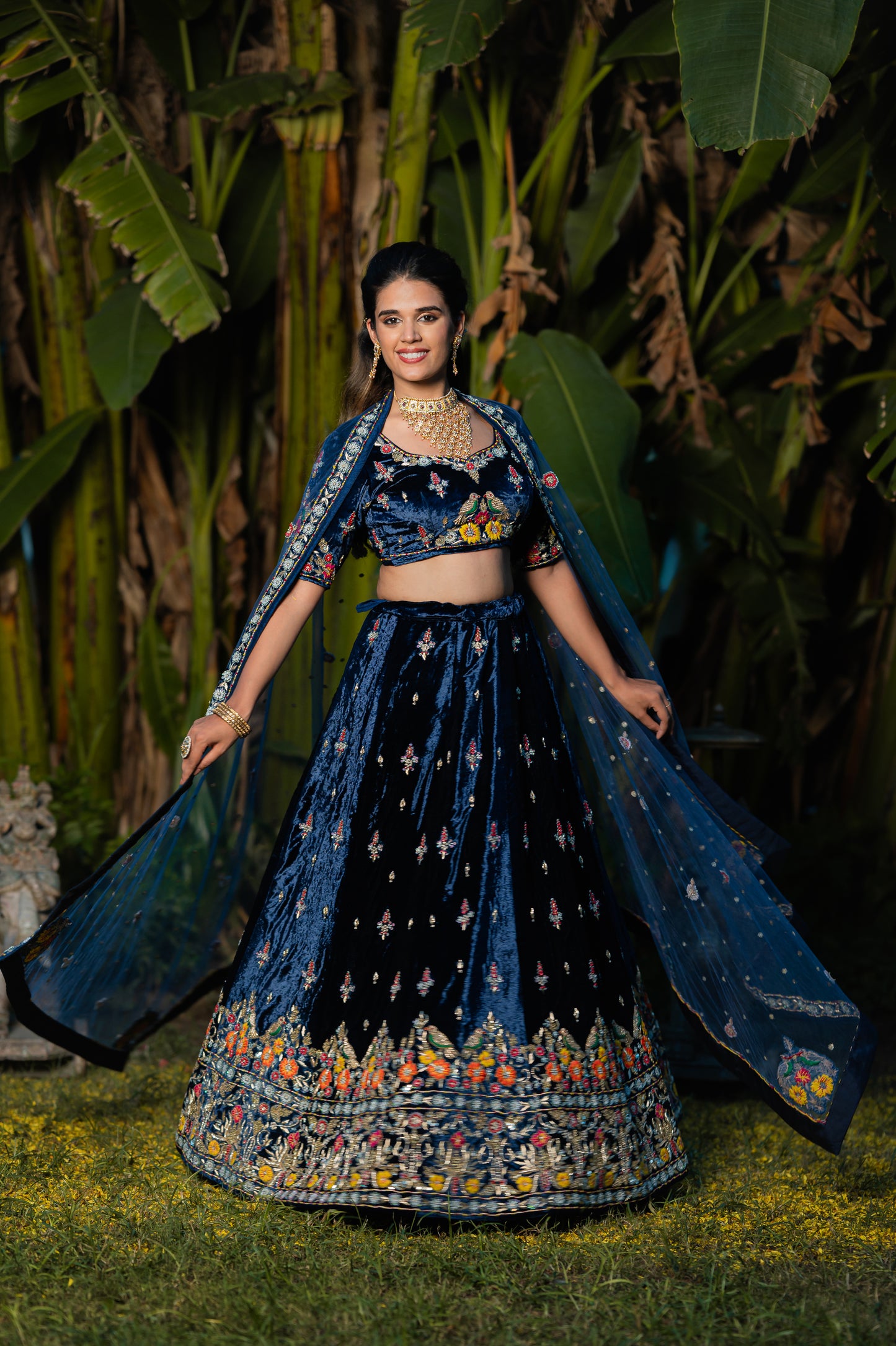 Navy Blue Designer Double Chidiya Anchor Flower Silk Velvet Lehenga