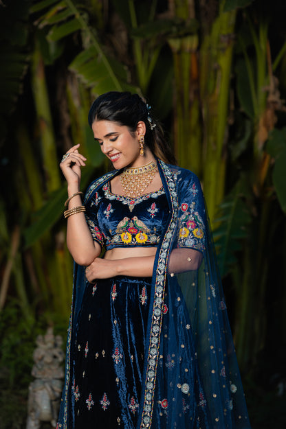 Navy Blue Velvet Lehenga with Zardozi Thread Flower and Moti Work