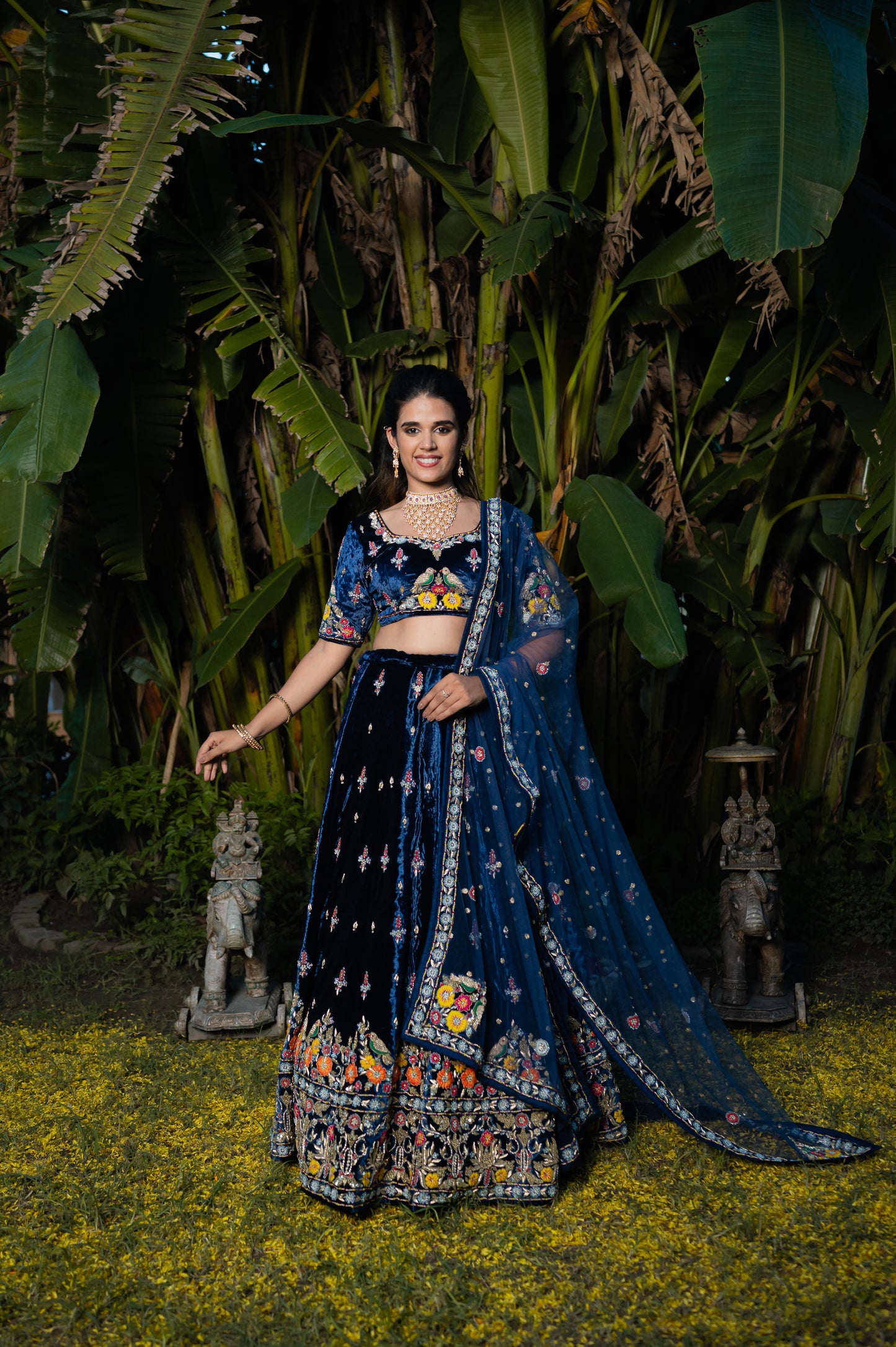 Navy Blue Designer Double Chidiya Anchor Flower Silk Velvet Lehenga