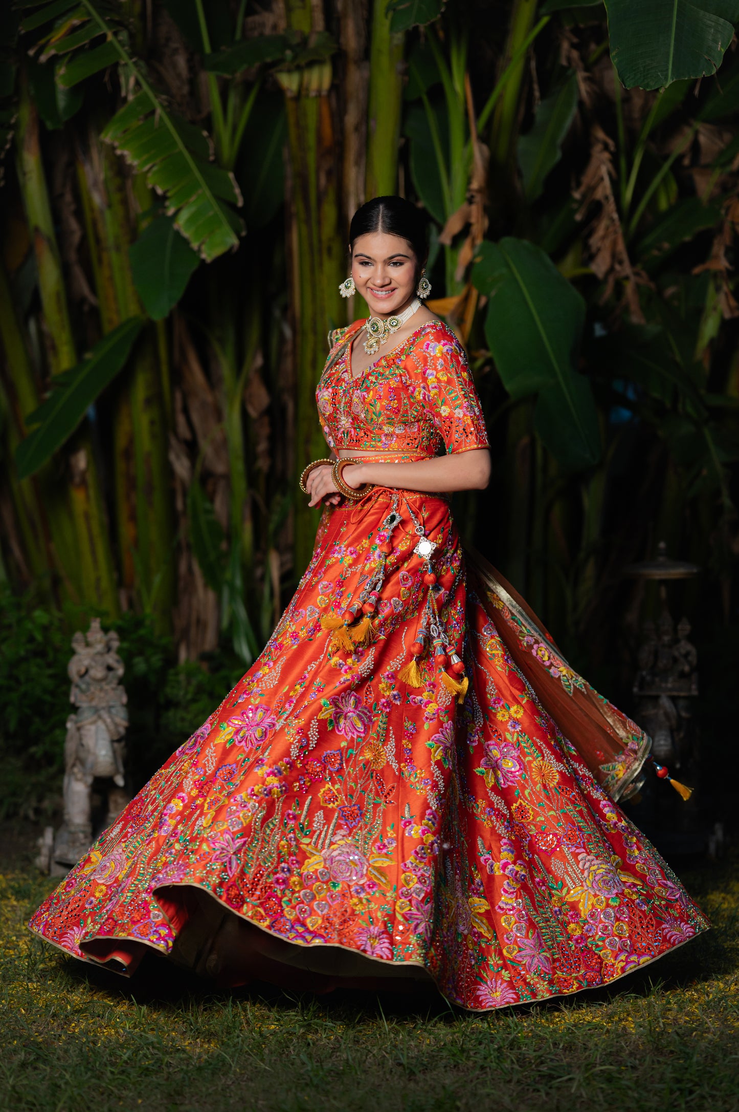 Orangy Red Raw Silk Lehenga with Thread Sequins and Moti Work