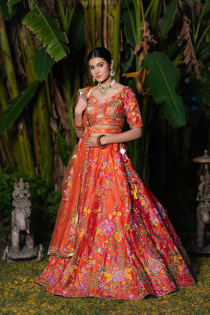 Orangy Red Raw Silk Lehenga with Thread Sequins and Moti Work