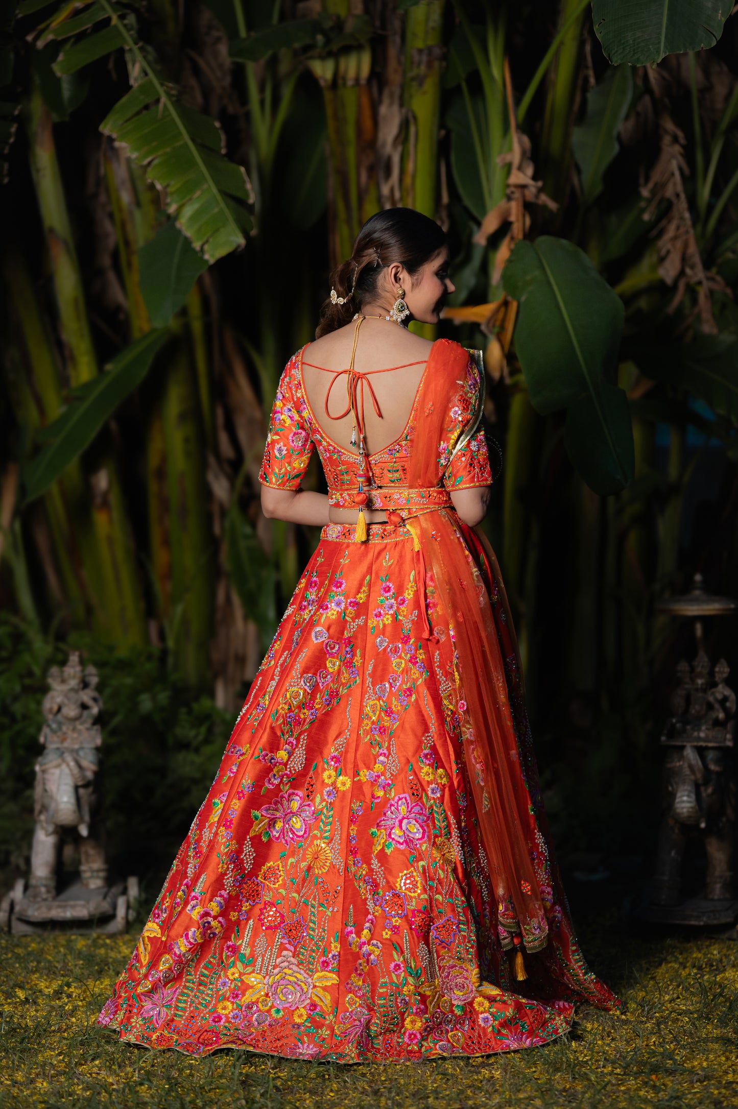 Orange Raw Silk Resham Mirror Work Design Lehenga