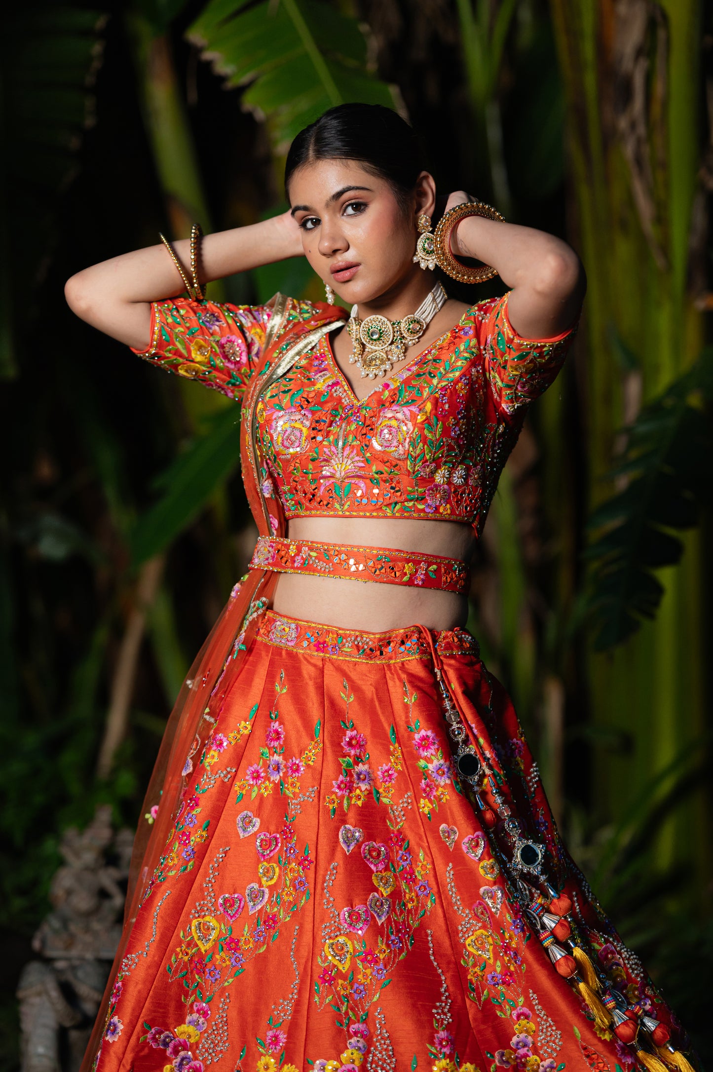 Orange Raw Silk Resham Mirror Work Design Lehenga