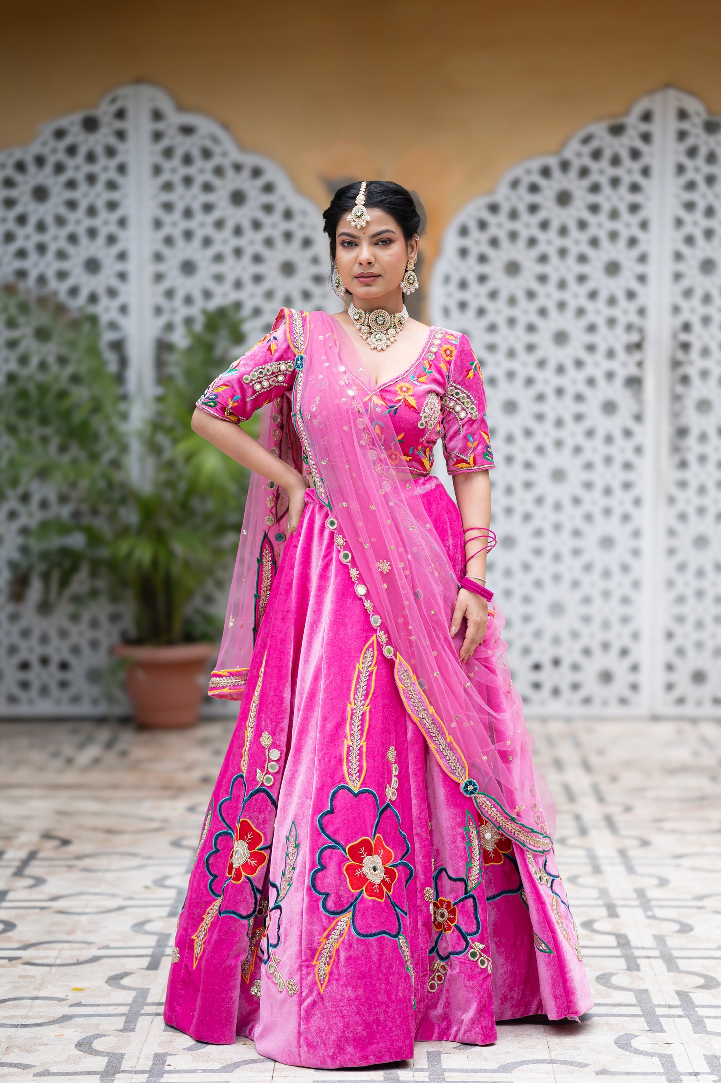 Purplish Pink Pure Velvet Lehenga with Zardozi Thread Flower Motifs Work
