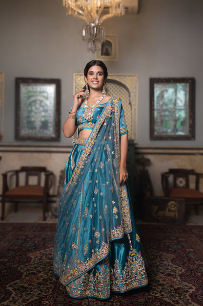 Sea Blue Velvet Lehenga with Zardozi and Moti Work